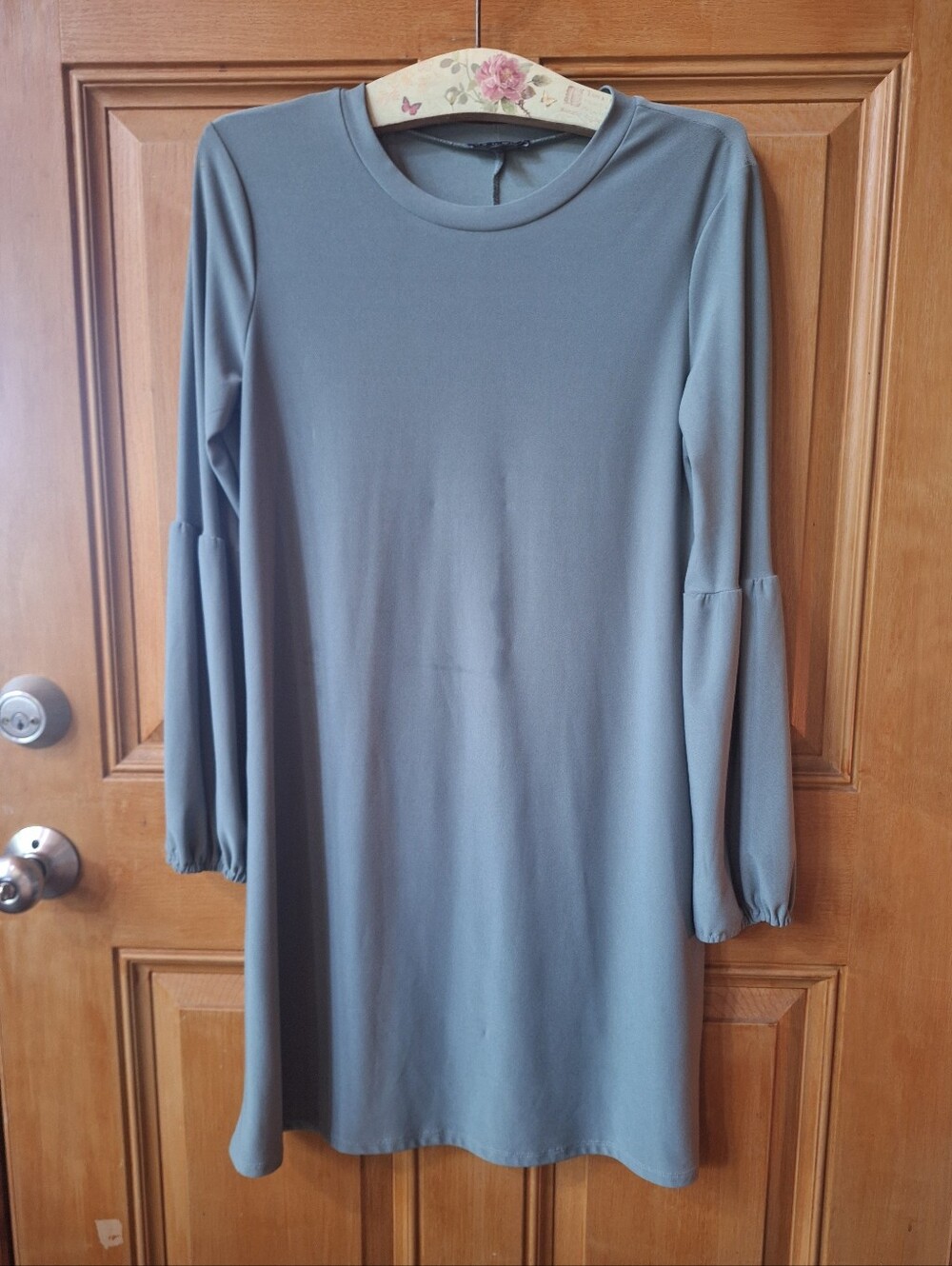 As U Wish Long Sleeve A-Line Dress in Gray/Grn Med